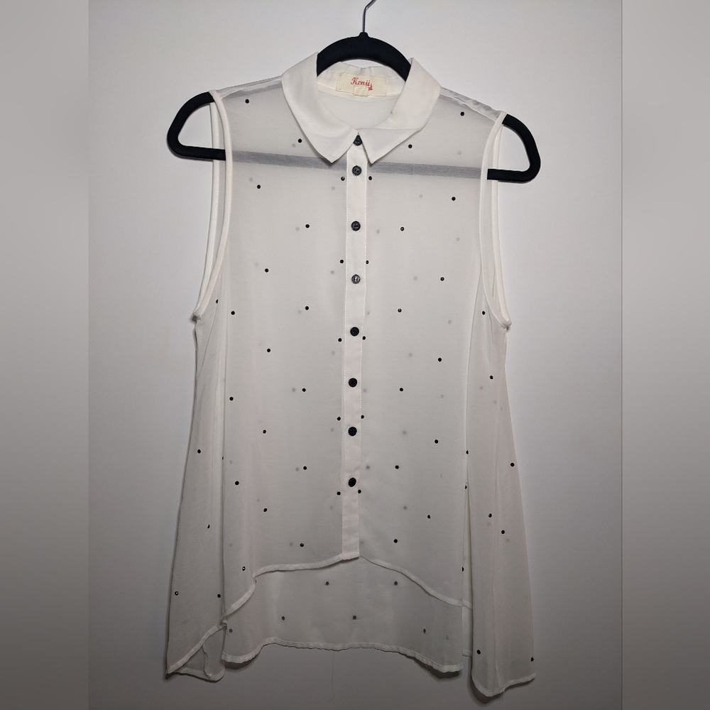 Kenji sheer white with black stone dots button down shirt
